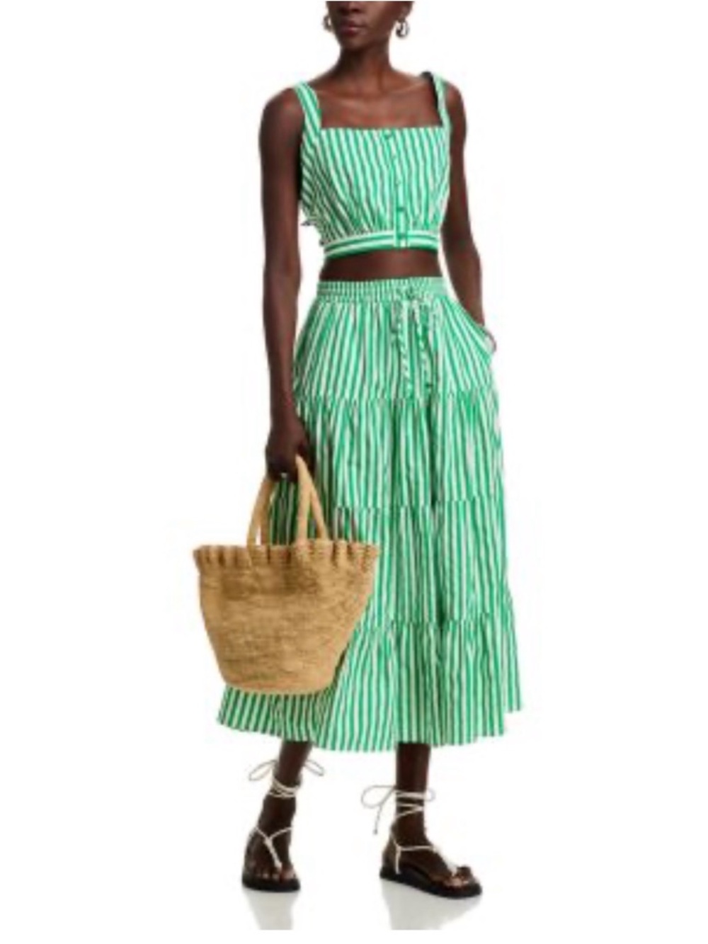 Aqua Green and White Striped Tiered Midi Skirt Set